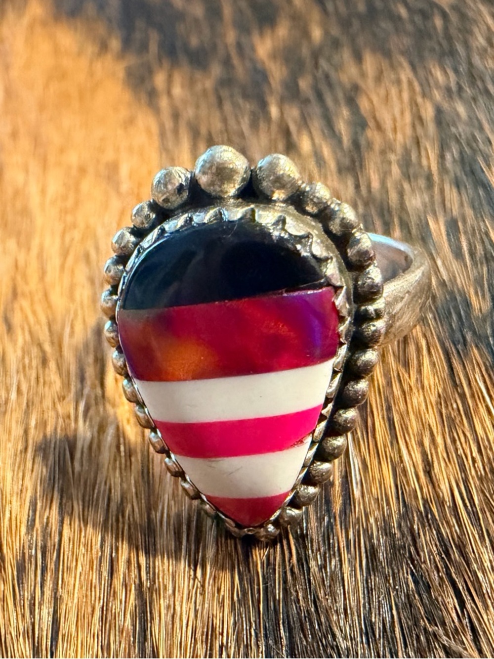 Fire Opal Sterling Silver Inlay Ring | Bohemian Summer Festival | Size 8 New 925